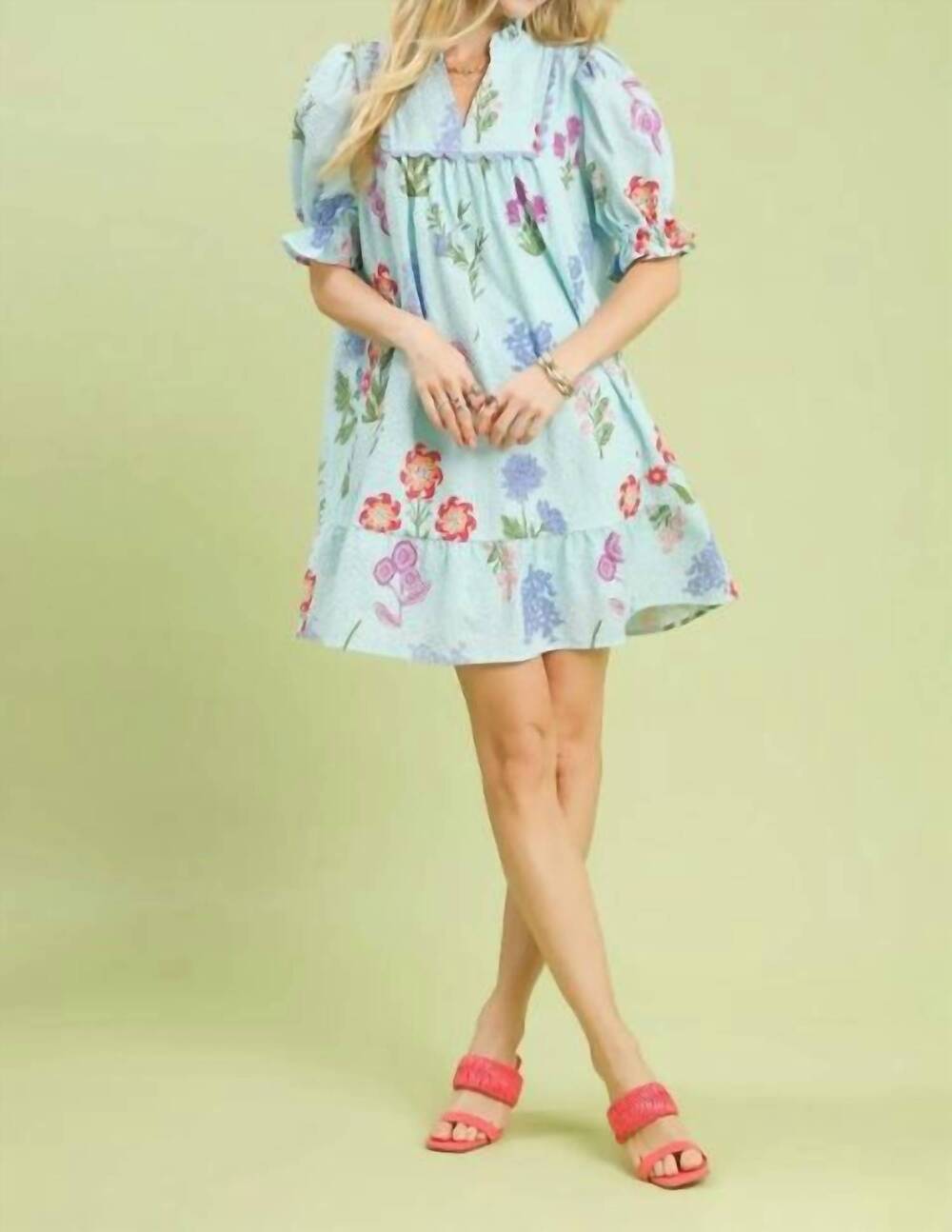 NEW UMGEE multi flower print v-neck dress in seafoam